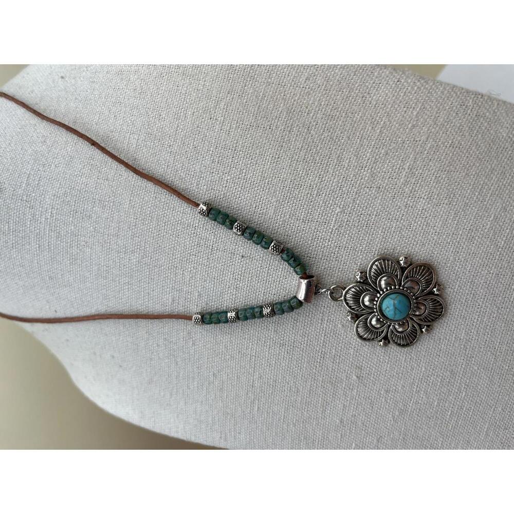 Bohemian Silver and Turquoise Pendant Necklace with Leather Cord - Picture 2 of 7